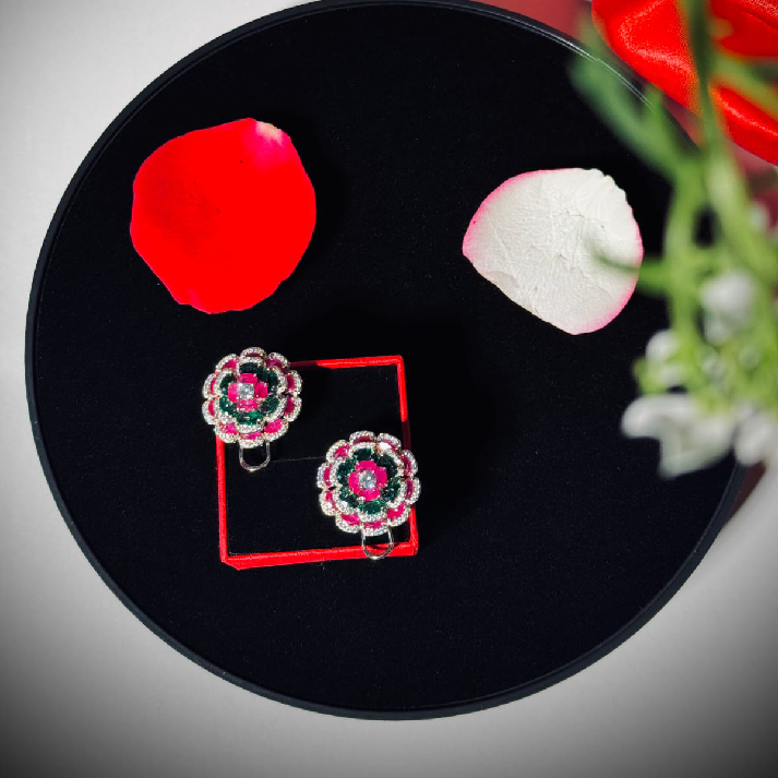 Floral Bloom Statement Earrings – Emerald Green & Ruby Pink