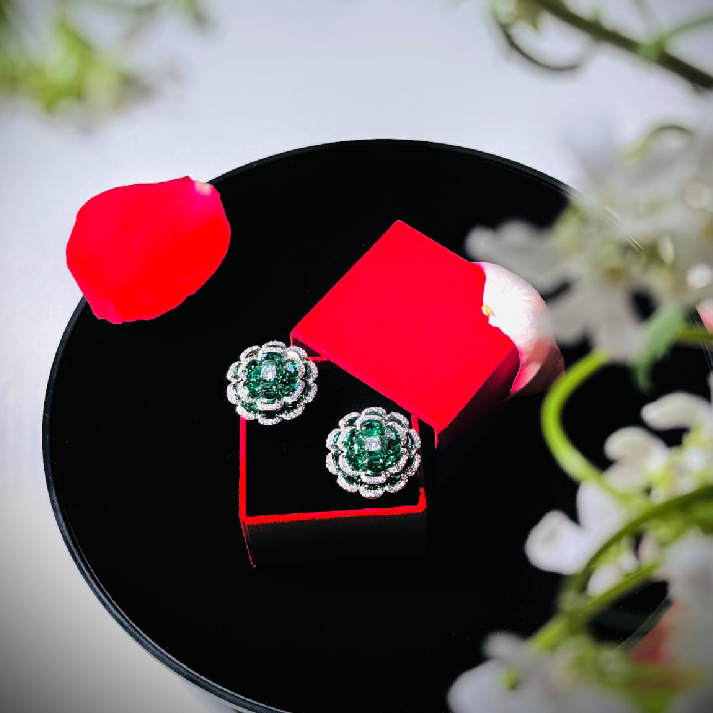 Floral Bloom Statement Earrings – Emerald Green & Ruby Pink