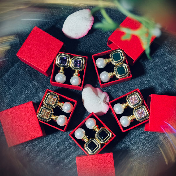 Royal Pearl Hexa Drop Earrings – Emerald Green, Royal Blue, Blush Pink, Champagne Gold & Classic Black