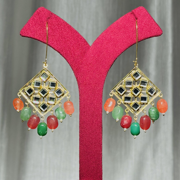 Handcrafted Kundan Mirror Drop Earrings with Multicolor Beads