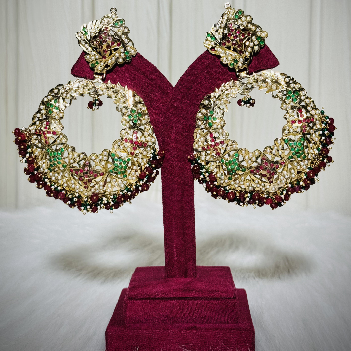 Grand Polki Kundan Chandbali Earrings with Pearl & Bead Detailing