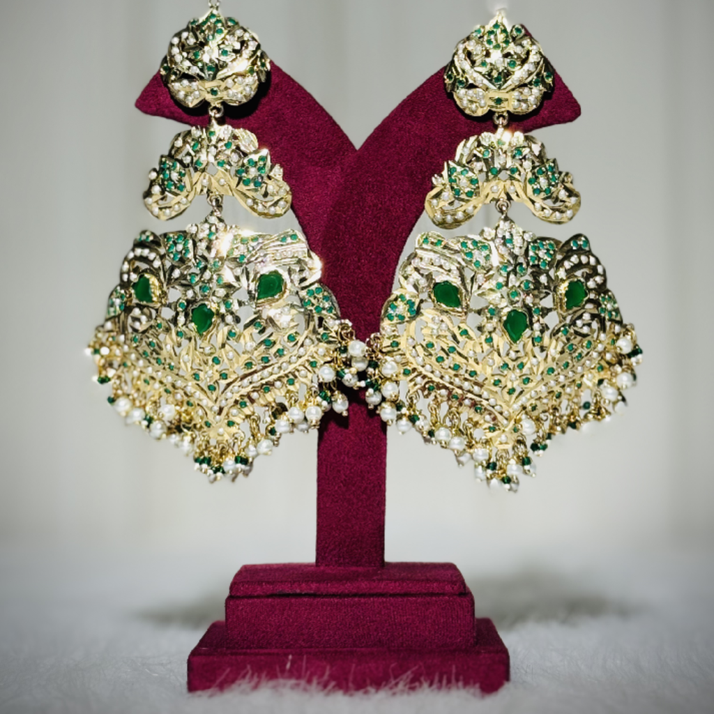 Emerald Green Kundan Chandbali Earrings with Pearl Drops
