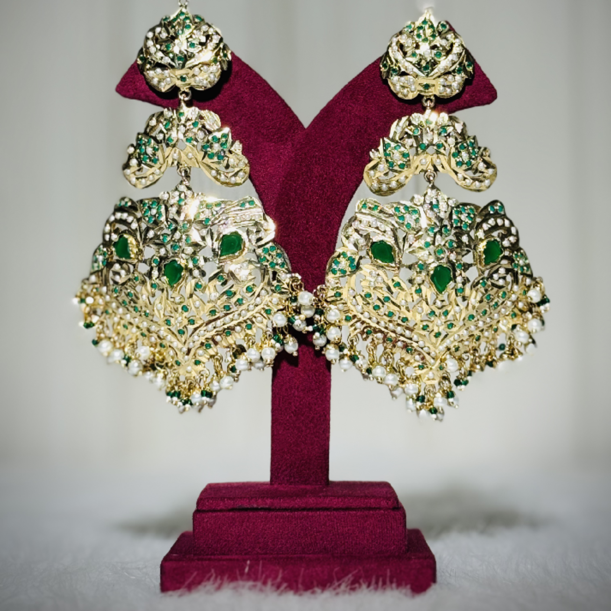 Emerald Green Kundan Chandbali Earrings with Pearl Drops