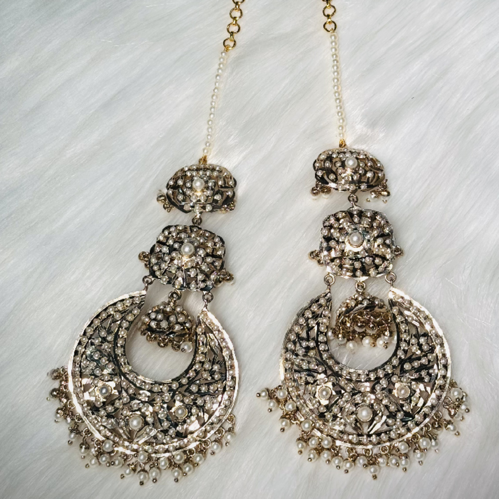 Ivory Pearl Kundan Chandbali Earrings with Intricate Jali Work