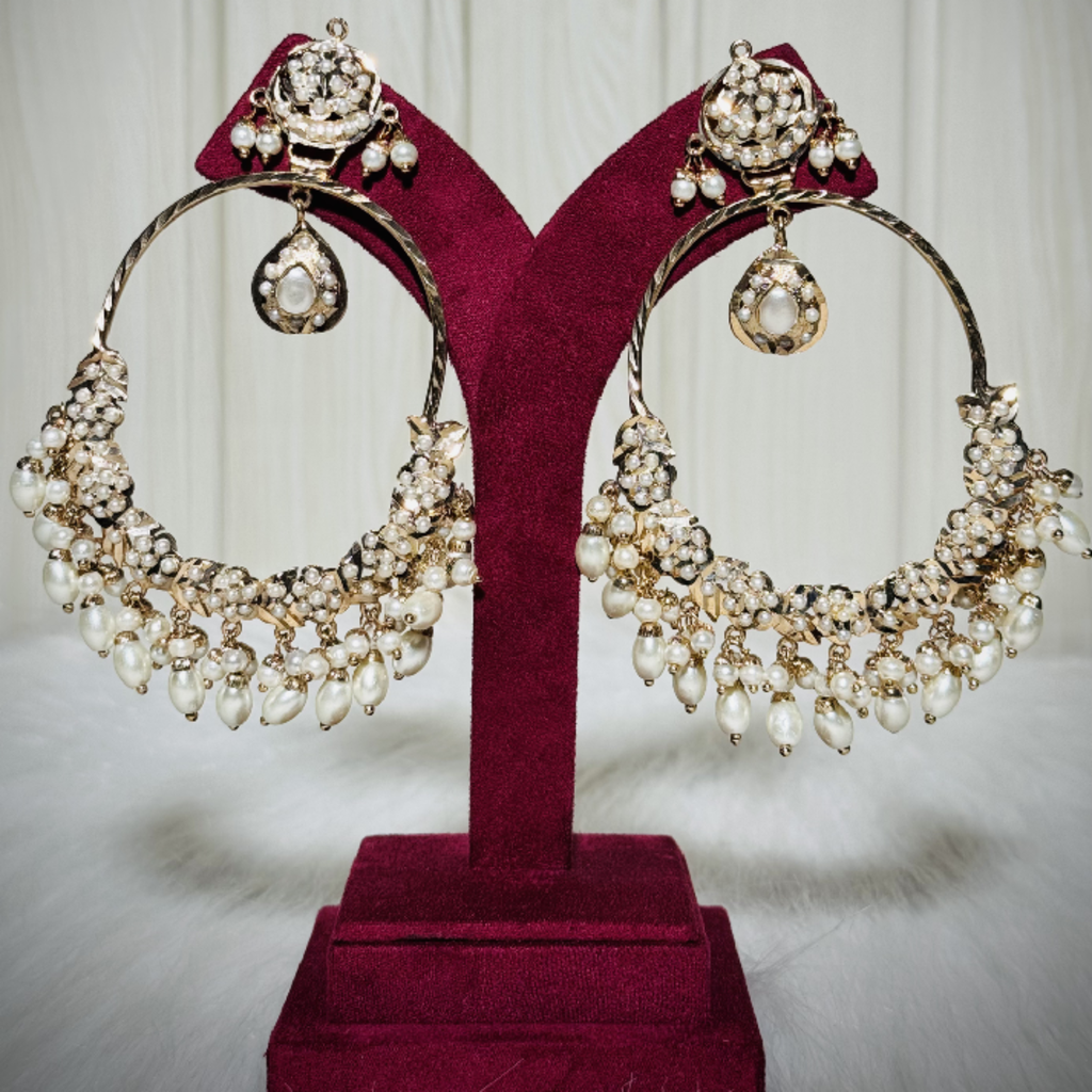Ivory Pearl Polki Hoop Earrings with Floral Stud