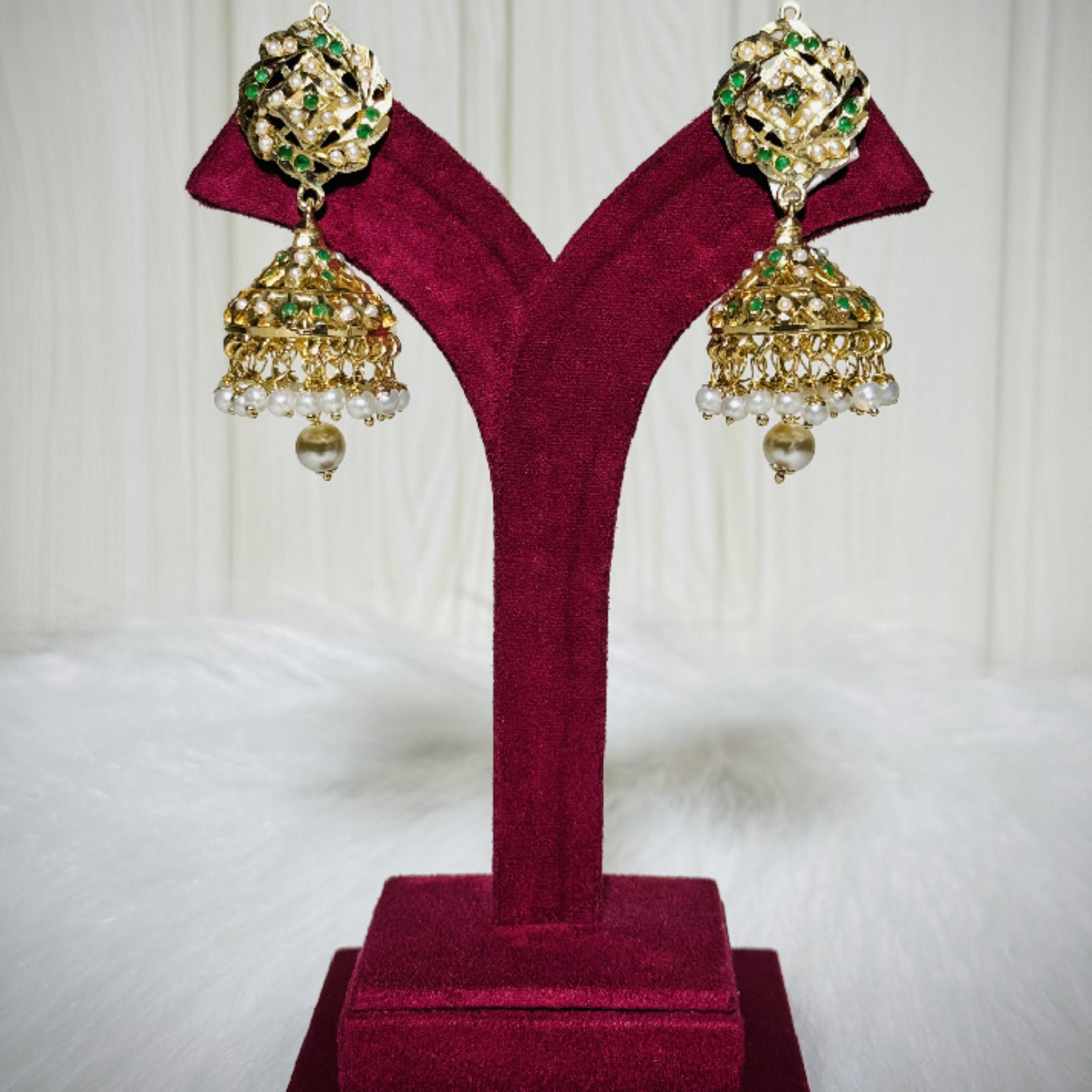 Classic Kundan Pearl Jhumka Earrings with Green Accents