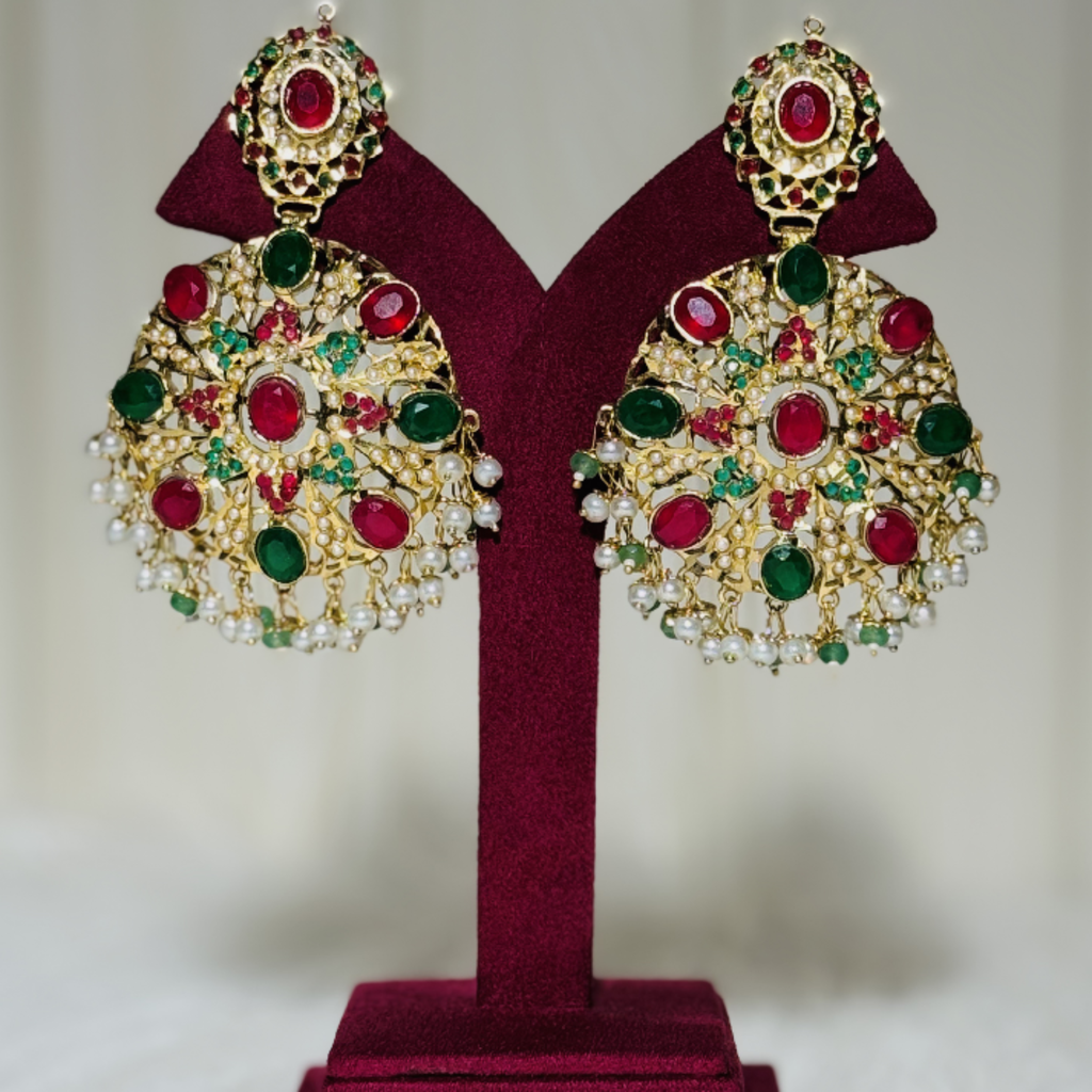 Royal Kundan Chandbali Earrings with Red & Green Stones and Pearl Drops