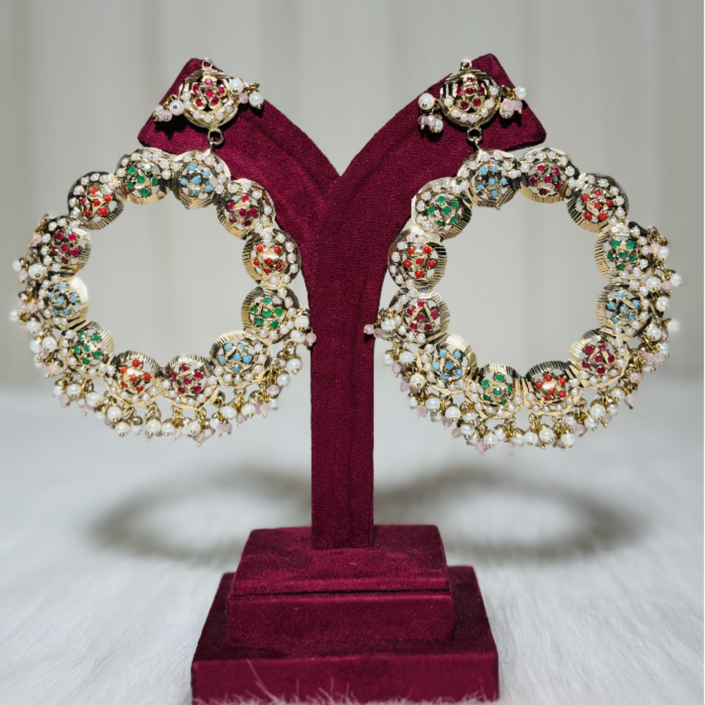 Traditional Kundan Hoop Earrings with Multicolor Stones and Pearl Drops