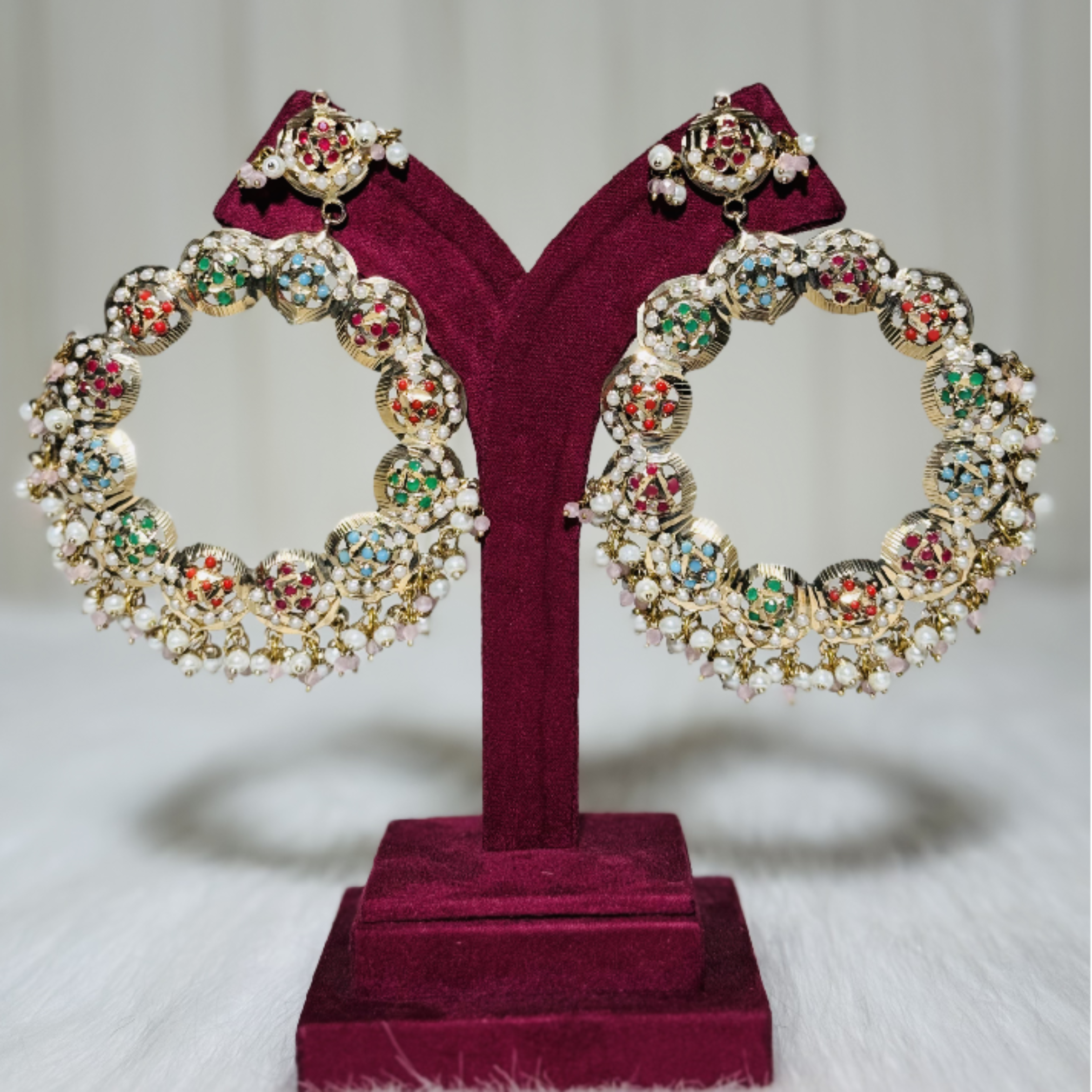 Traditional Kundan Hoop Earrings with Multicolor Stones and Pearl Drops