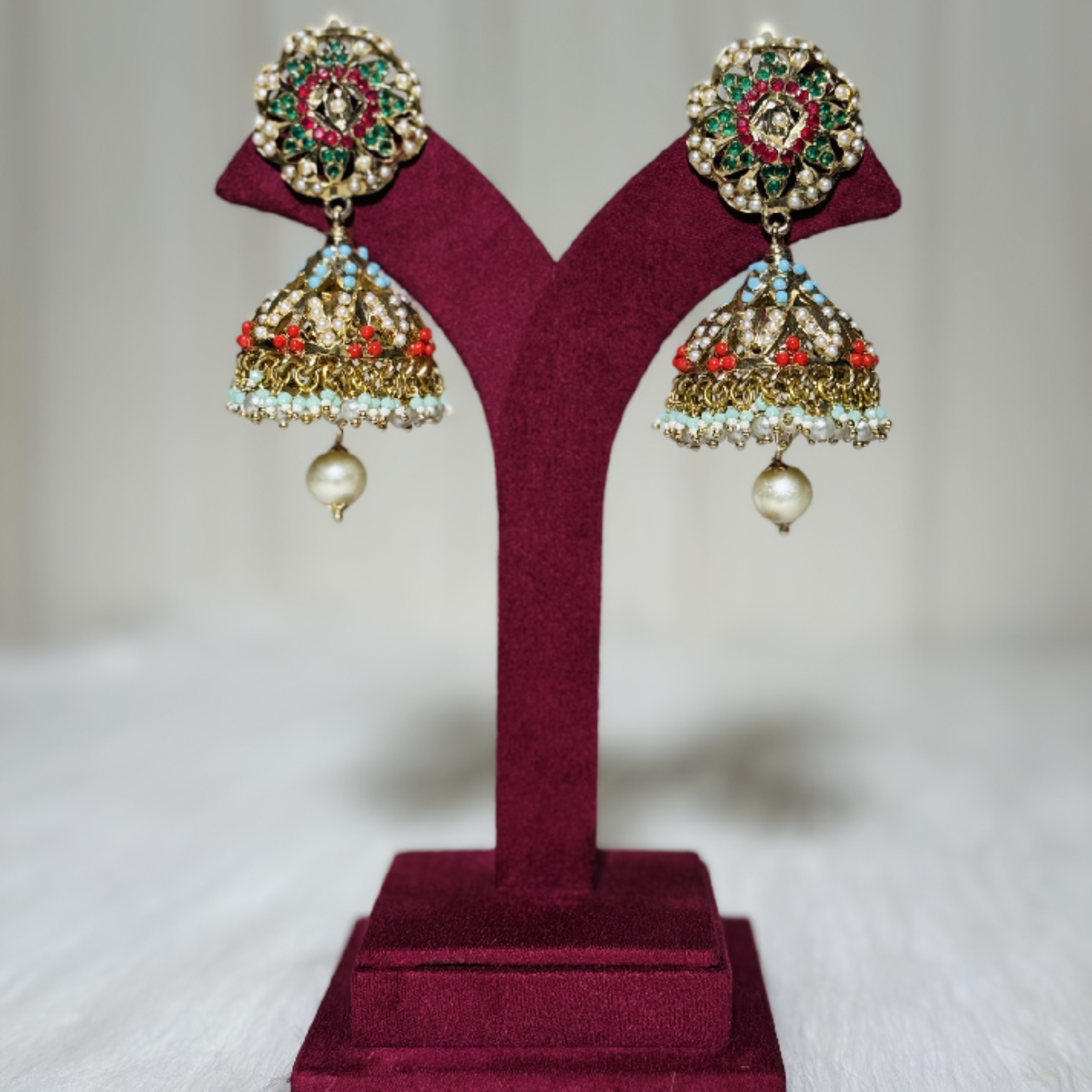 Multicolour Kundan Jhumka Earrings with Pearl Drop