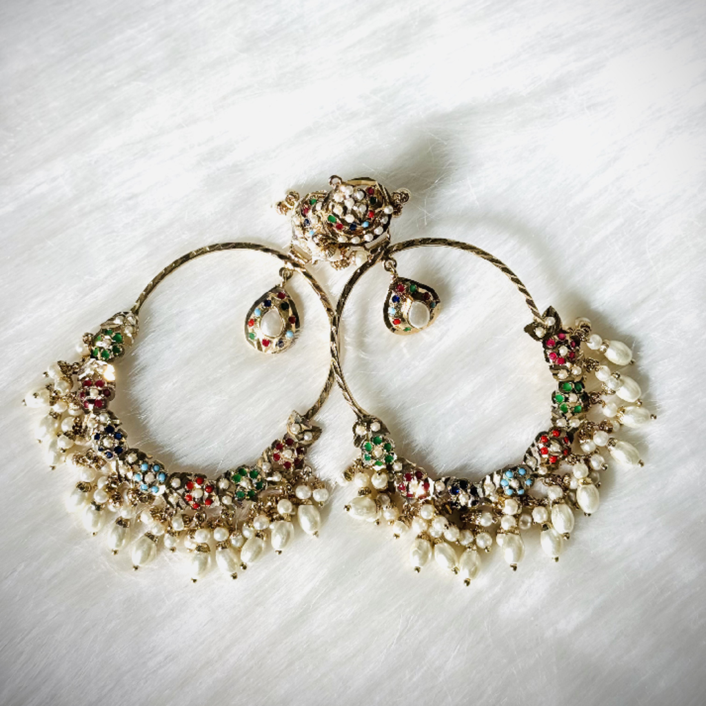 Multicolour Kundan Pearl Chandbali Earrings with Jhumka Drops