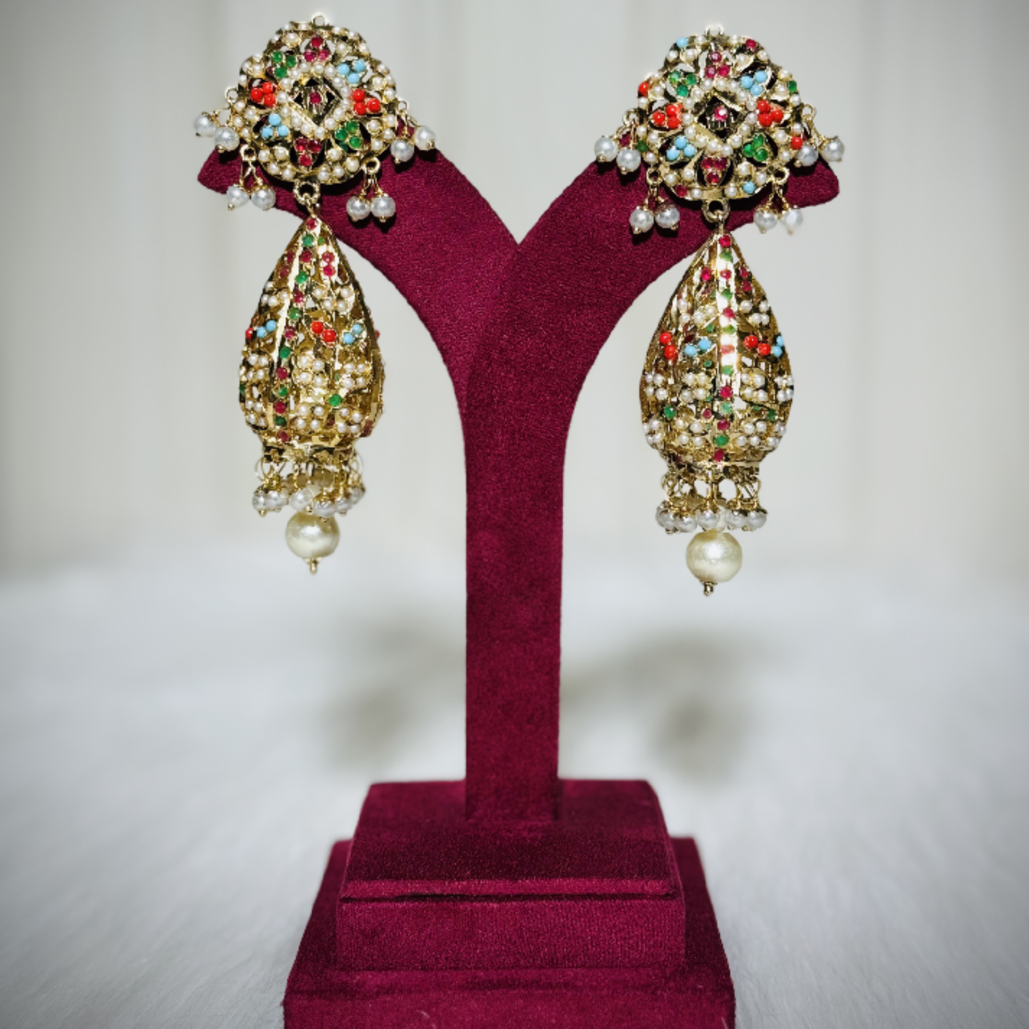 Emerald Green Kundan Pearl Drop Jhumka Earrings