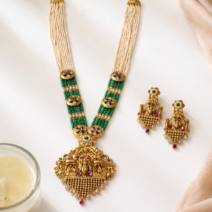 Heritage Pearl & Emerald Temple Necklace Set by Noore by Neetu Kaushal