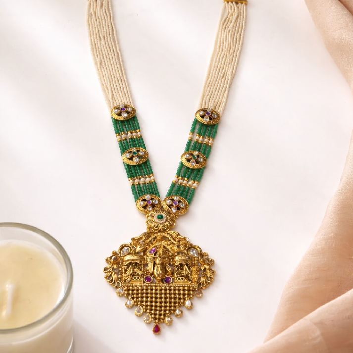Heritage Pearl & Emerald Temple Necklace Set by Noore by Neetu Kaushal