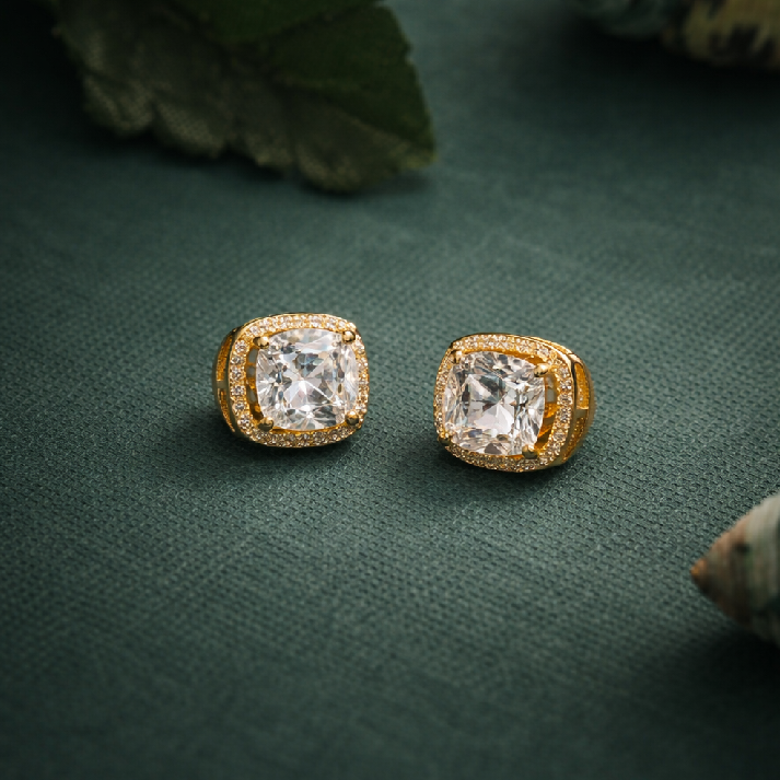 Luxury Square-Cut Crystal Stud Earrings – Available in Gold & Silver Colour