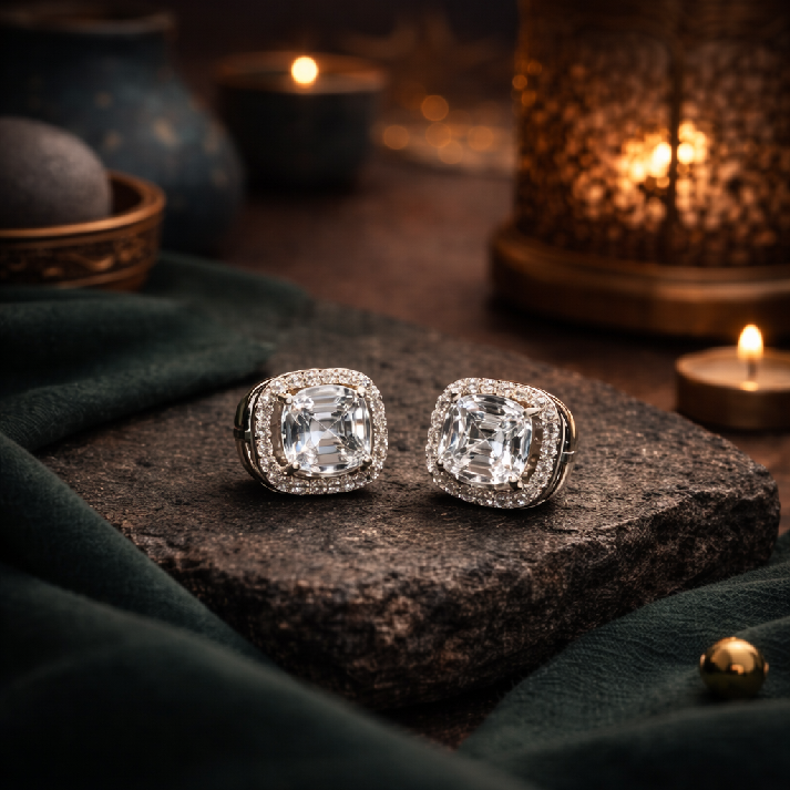 Luxury Square-Cut Crystal Stud Earrings – Available in Gold & Silver Colour