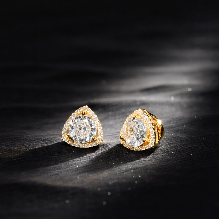 Elegant Triangle Halo Stud Earrings – Available in Gold & Silver Colour