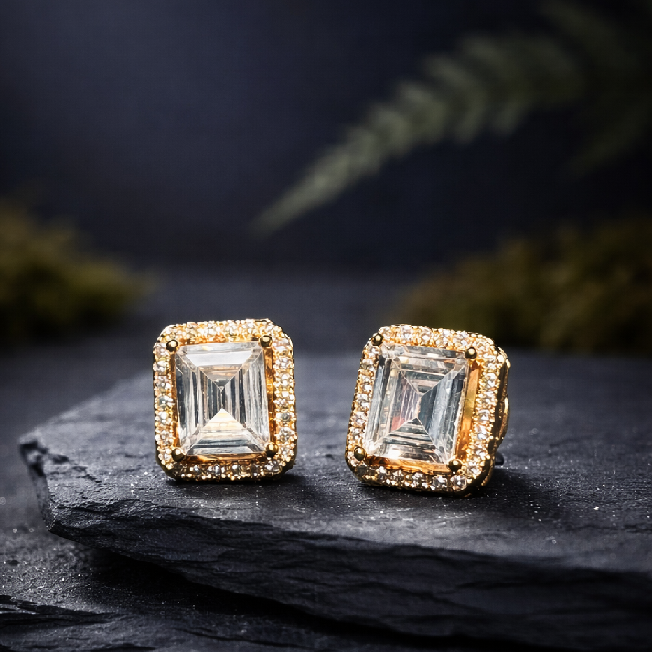 Elegant Square Halo Stud Earrings – Available in Gold & Silver Colour
