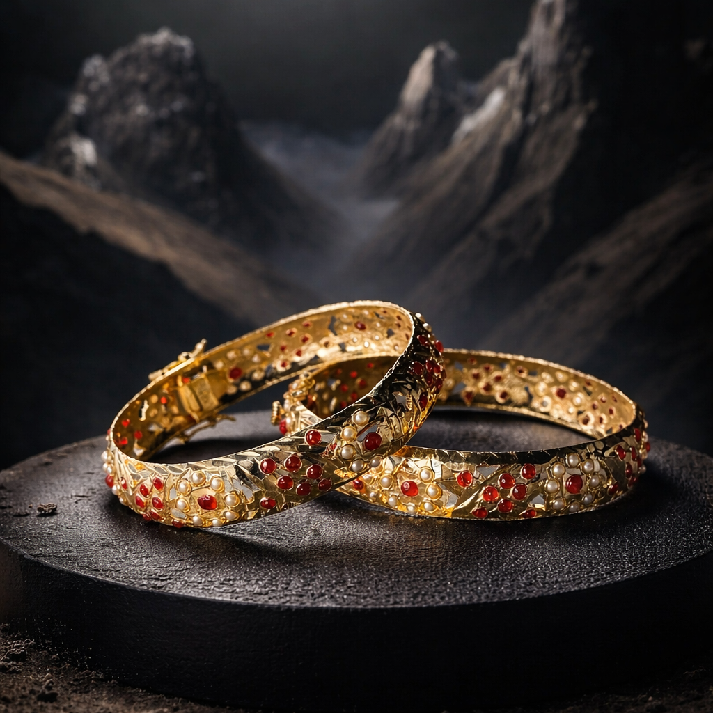 Royal Ruby Pearl Jadau Bangles | Handcrafted Gold-Tone Bridal Kada Set