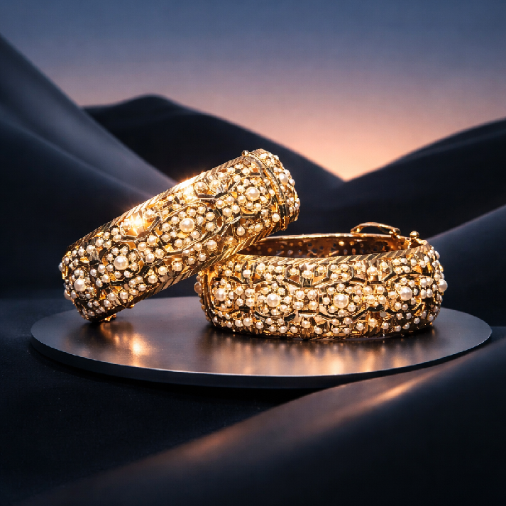 Classic Pearl Jadau Bangles | Handcrafted Traditional Gold-Tone Kada Set
