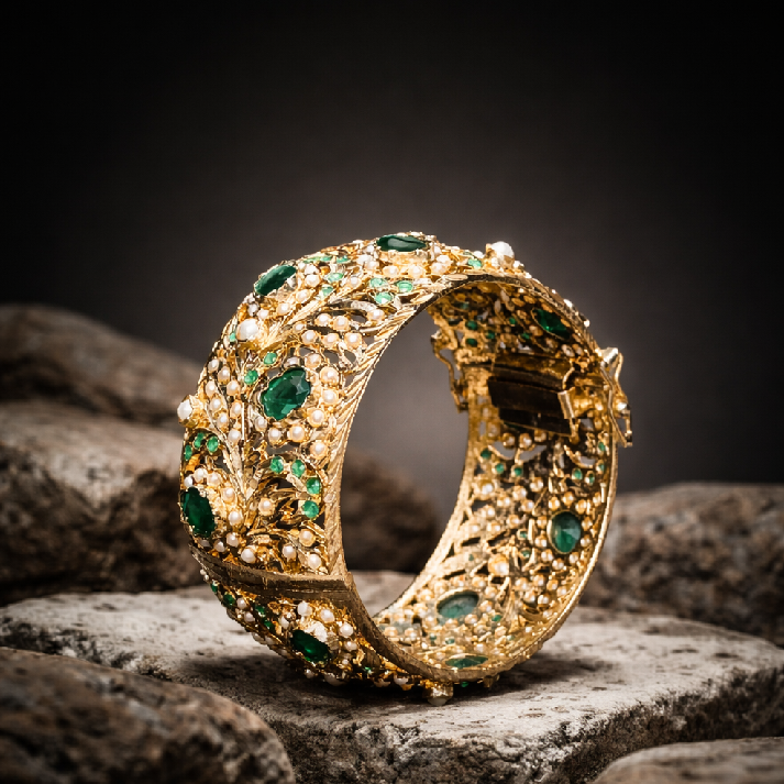 Royal Emerald Pearl Jadau Bangle | Handcrafted Gold-Tone Bridal Kada
