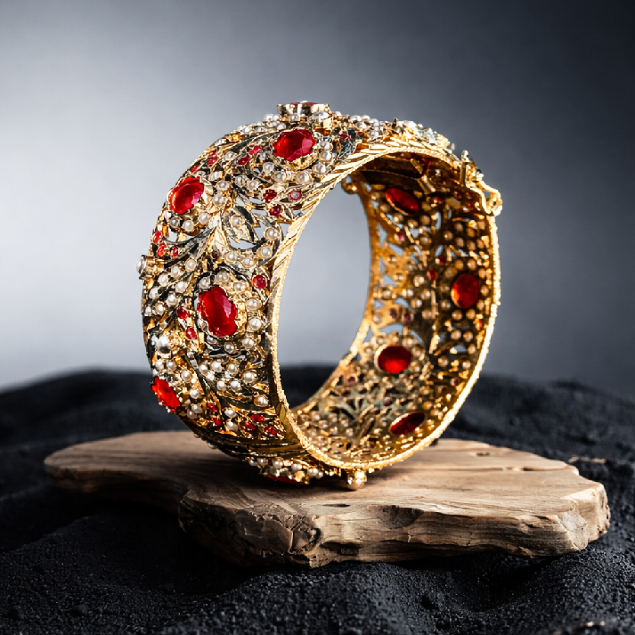 Royal Ruby Pearl Jadau Bangle | Handcrafted Gold-Tone Bridal Polki Kada