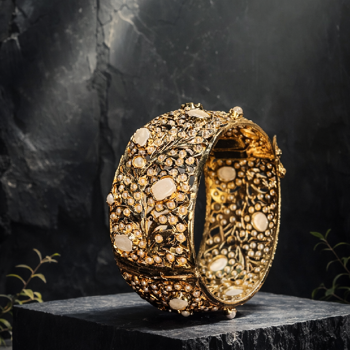 Ivory Pearl Jadau Bangle | Handcrafted Gold-Tone Traditional Kada