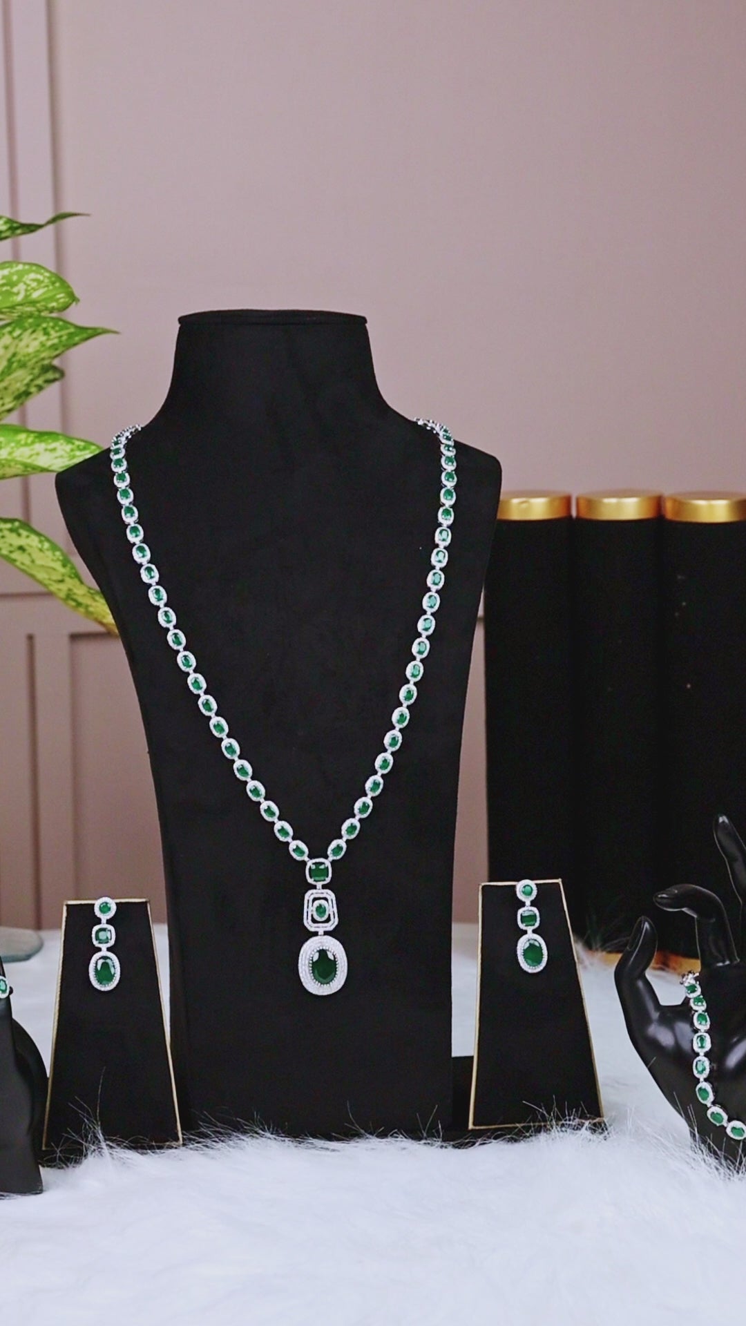 Regal Emerald-Green & Silver Diamond-Halo Ultimate Jewelry Set