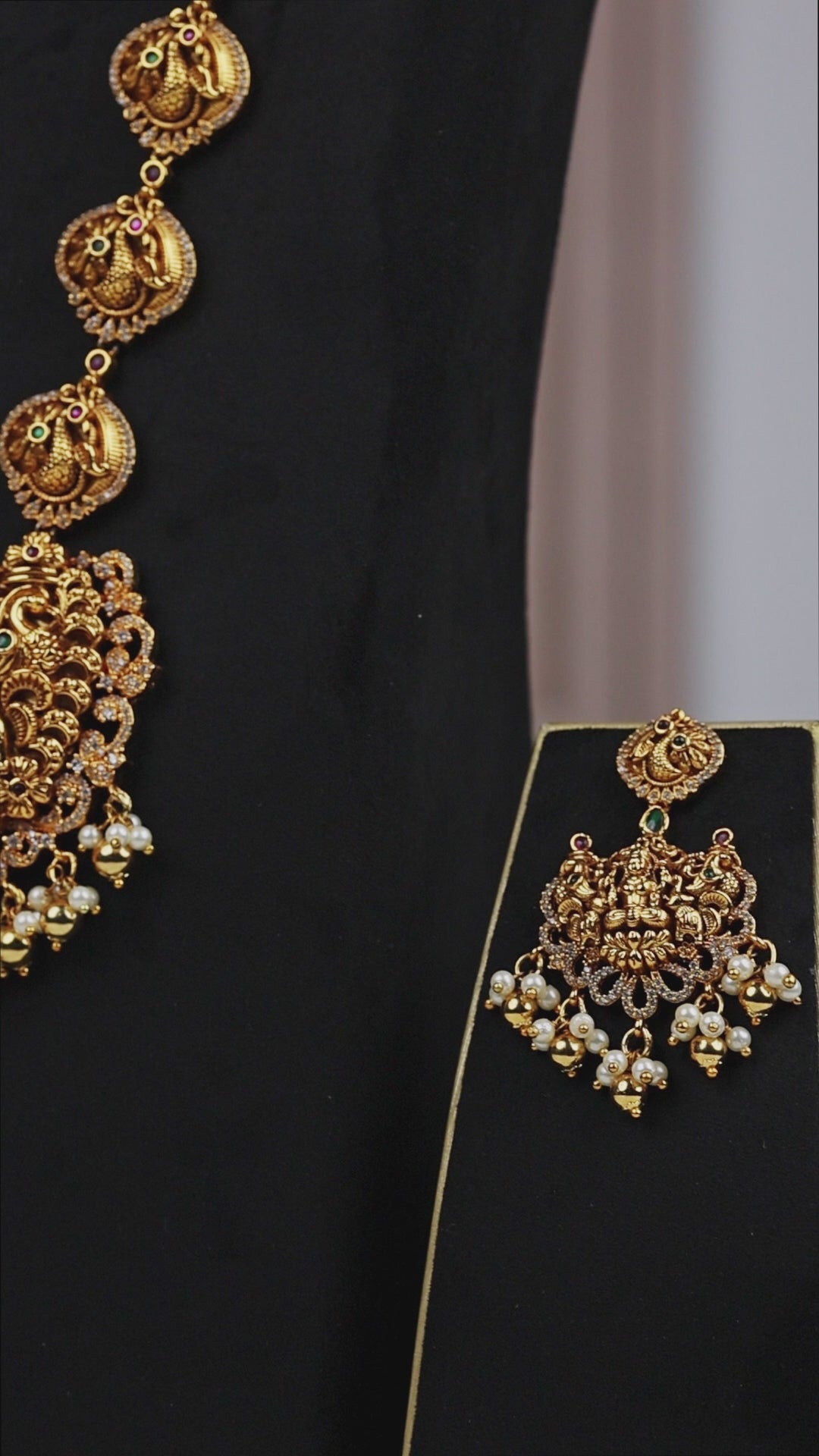 Grand Antique Gold Temple Haram Set with Divine Lakshmi & Peacock Motifs